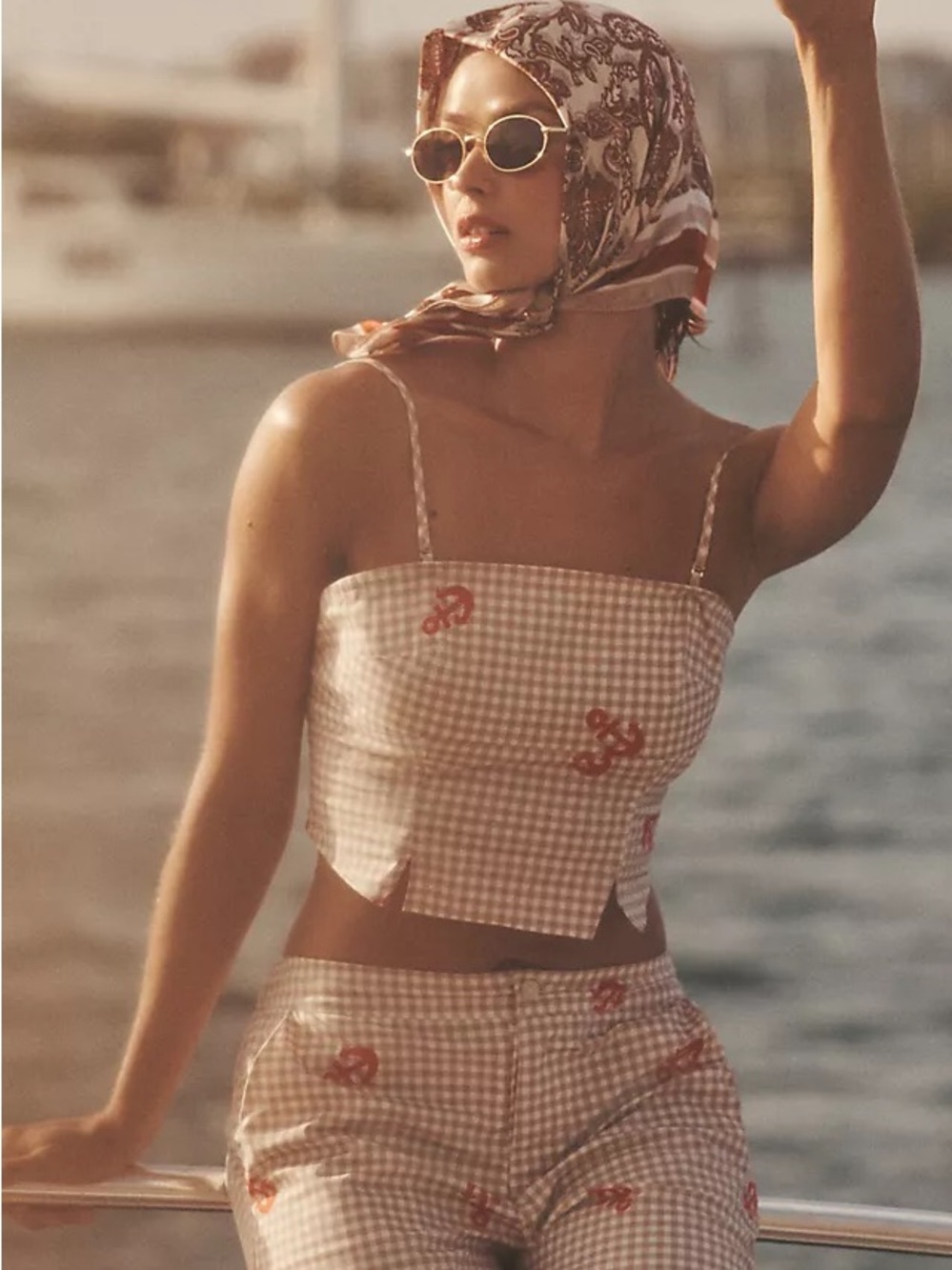 Anthropologie Celandine beige gingham and red anchor print camisole top